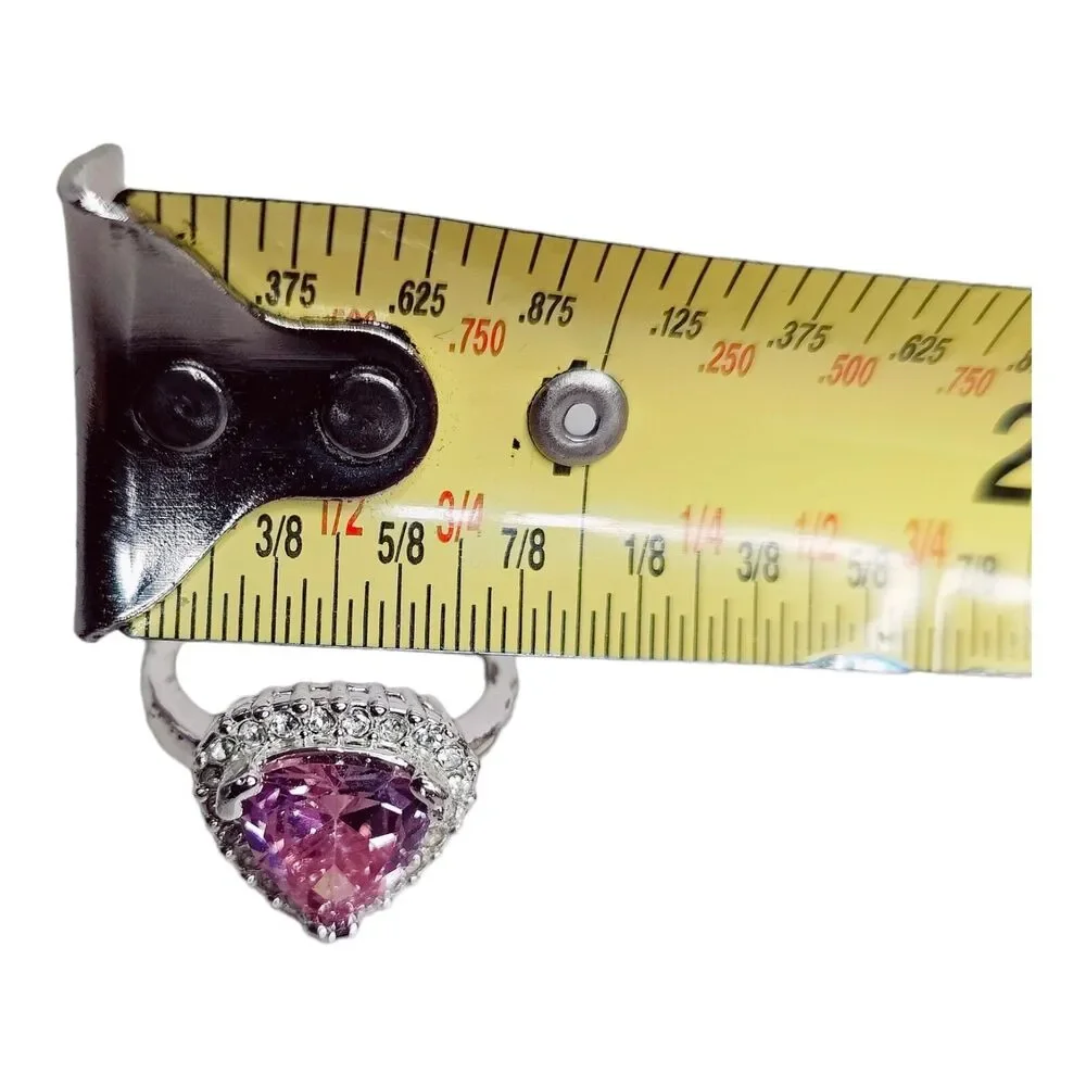 Silver Tone Ring Sz 8 Triangle Cushion‎ Cut CZ Pink Stone Clear CZ Halo Jewelry
